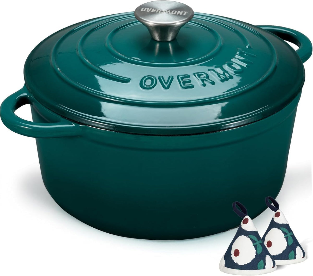 Enameled Cast Iron Dutch Oven - 5.5QT Pot with Lid Cookbook & Cotton Potholders - Heavy-Duty Cookware for Braising, Stews, Roasting, Sourdough Baking Bottle Green