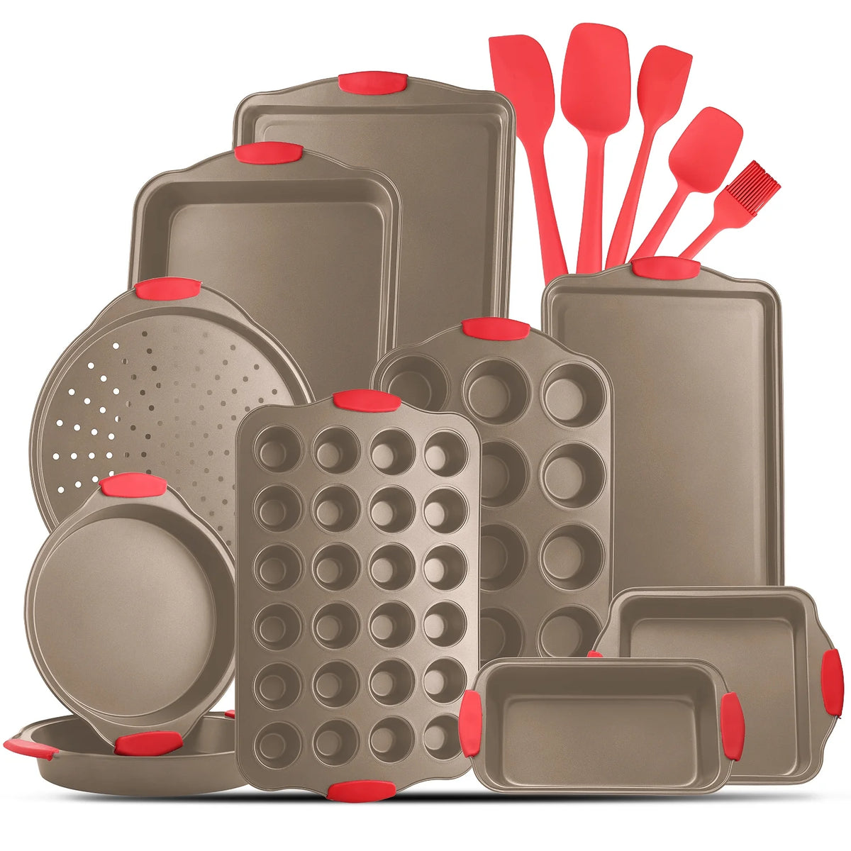 Kitchen Brown Utensil Set 24 Nylon Stainless Steel Utensil Set & Brown 15 Piece Bakeware Set
