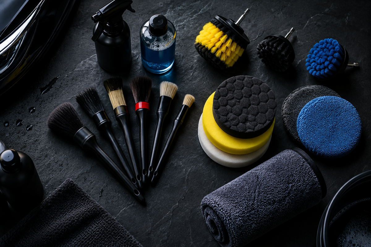 Overhead flat lay of car detailing supplies on dark slate