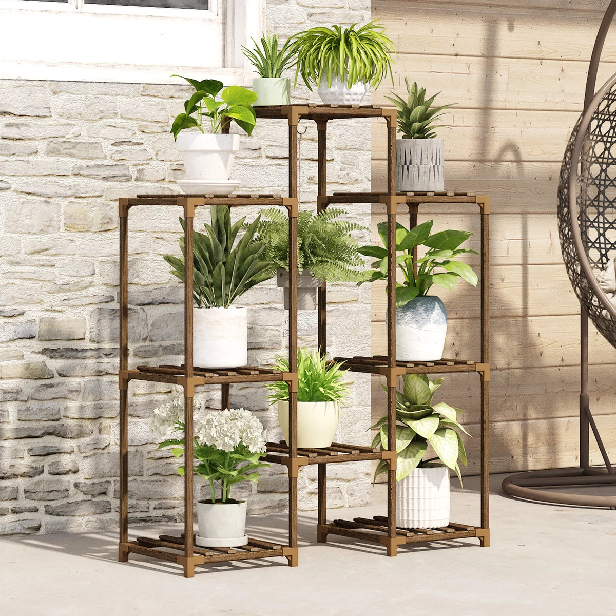 Bamworld Wood Plant Stand 8 Pots Tiered Plant Shelf Indoor Outdoor Ladder Plant Rack with Hanging Design for Living Room Patio Balcony Garden