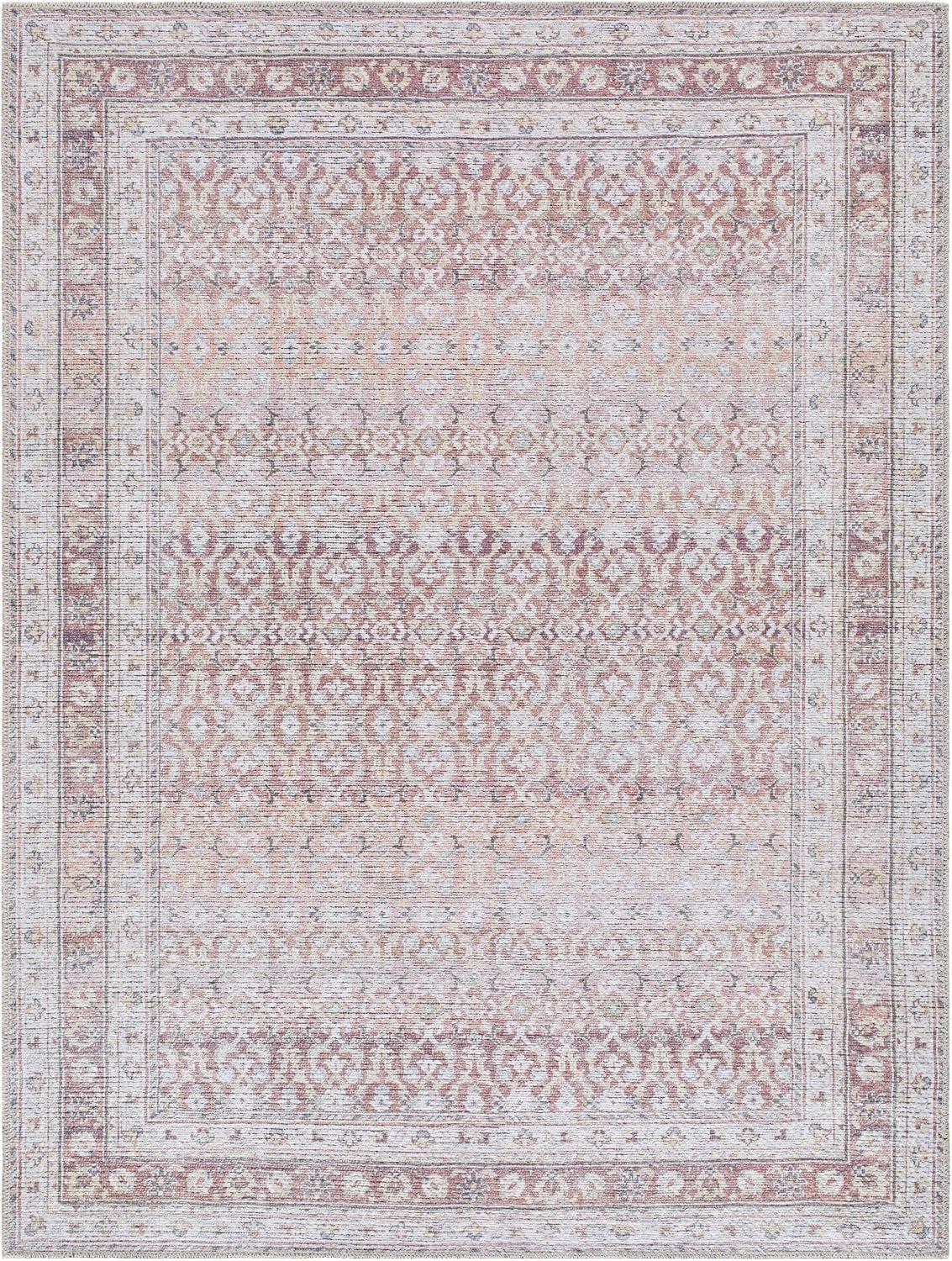 Tosca Machine Washable Runner Rug - Floral Border Distressed Geometric Faded - Traditional Oriental Turkish Transitional Oushak - Dark Red, Beige, Cream, Blush, Gray - 2'7" X 7'10"
