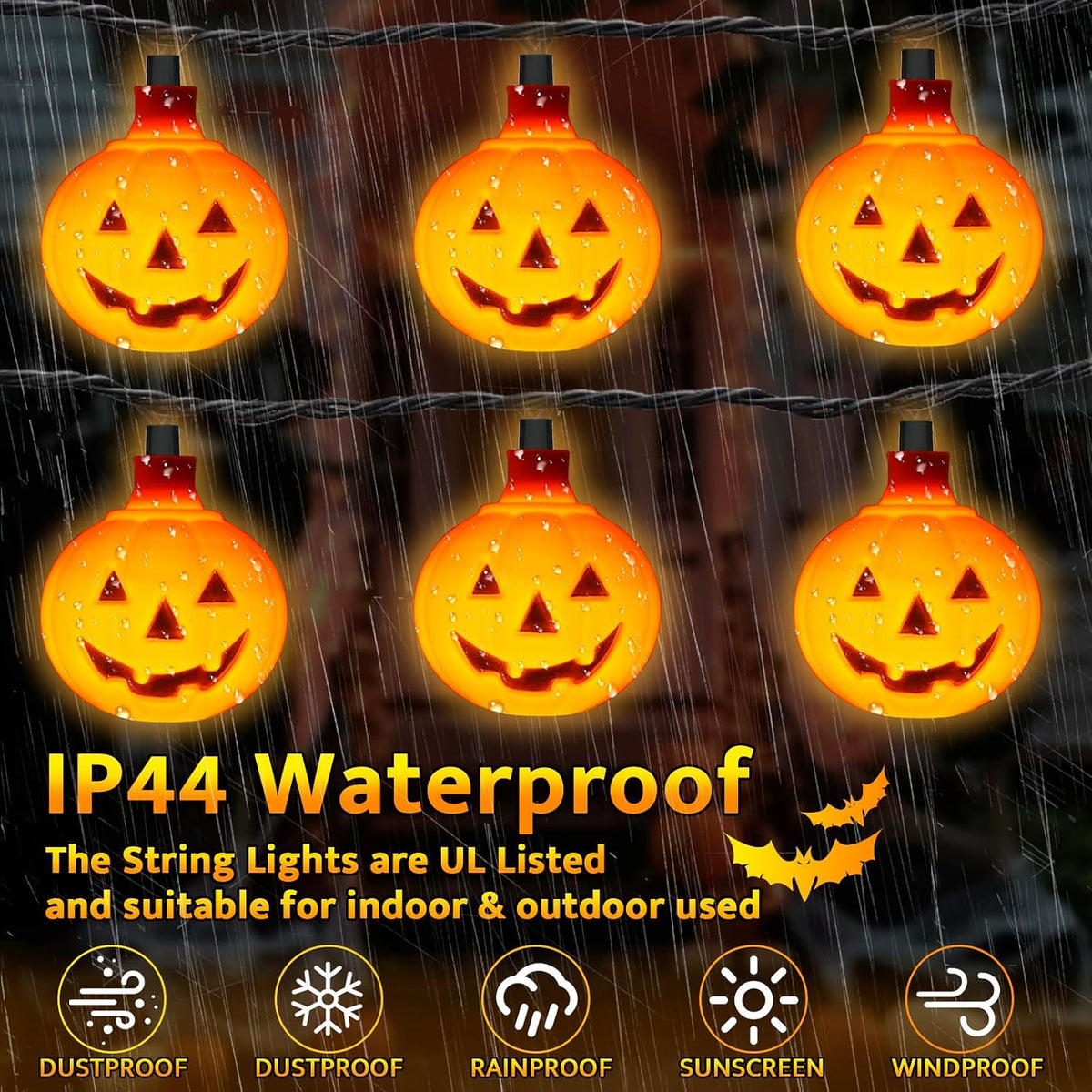 Halloween Pumpkin String Lights, 8.5 Ft LED with 10 Jack O Lantern Lights - Waterproof, Plug-In for Indoor Outdoor Party, Garden, Yard Decoration