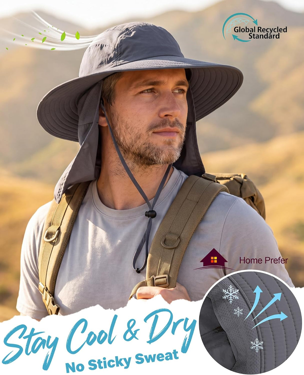 UPF 50+ Sun Hat with Neck Flap Wide Brim Fishing Hat for Men
