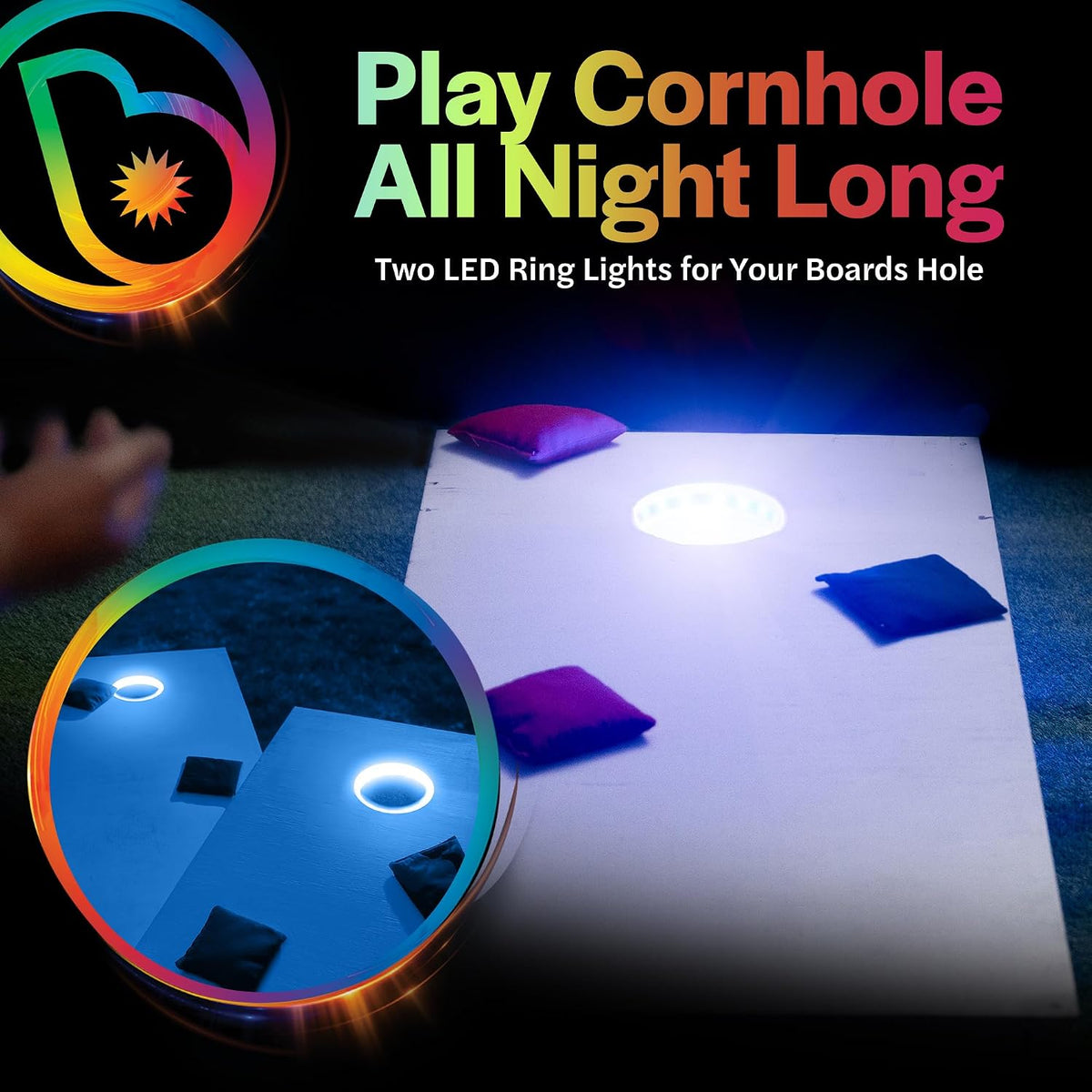 LED Cornhole Board Ring Lights, 2-Pack - 48-Hour Battery Life - Illuminate Your Game with Dazzling Glows and Ultimate Style for Non-Stop Evening Fun and Excitement (Includes Hole Lights Only)