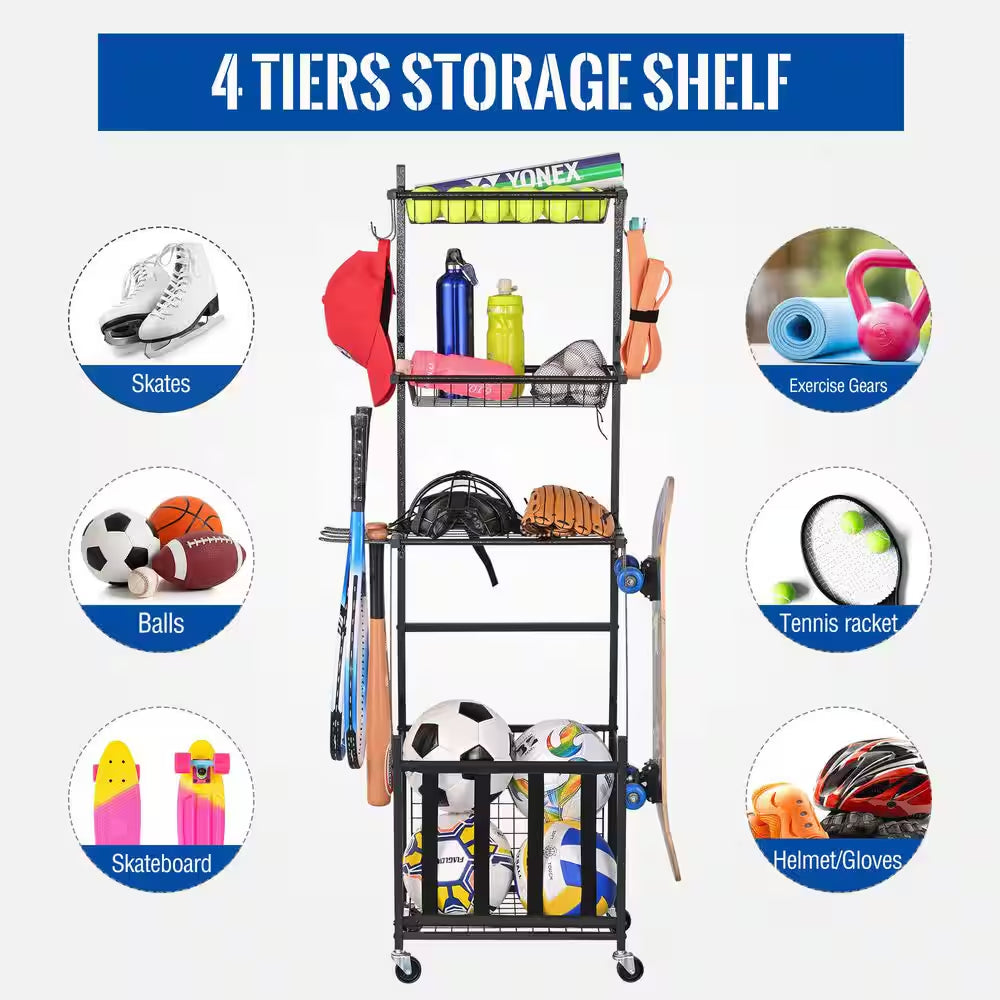 4-Tier Rolling Sports Storage Rack Sports Equipment Organizer