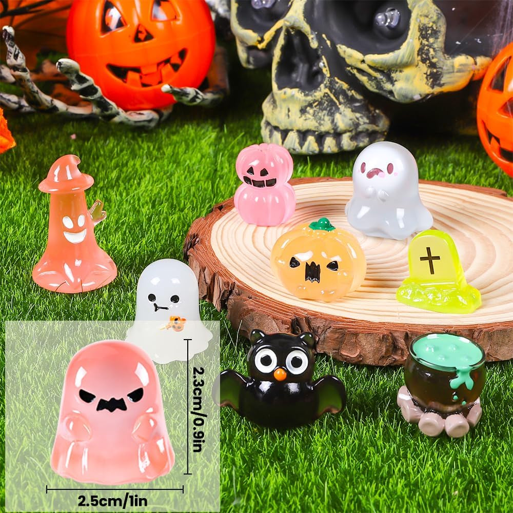 32PCS Halloween Luminous Mini Figures - 32 Styles Glow in the Dark Tiny Resin Miniatures - Pumpkin Skull for Party Favors, Bag Fillers, Garden, Dollhouse Decor