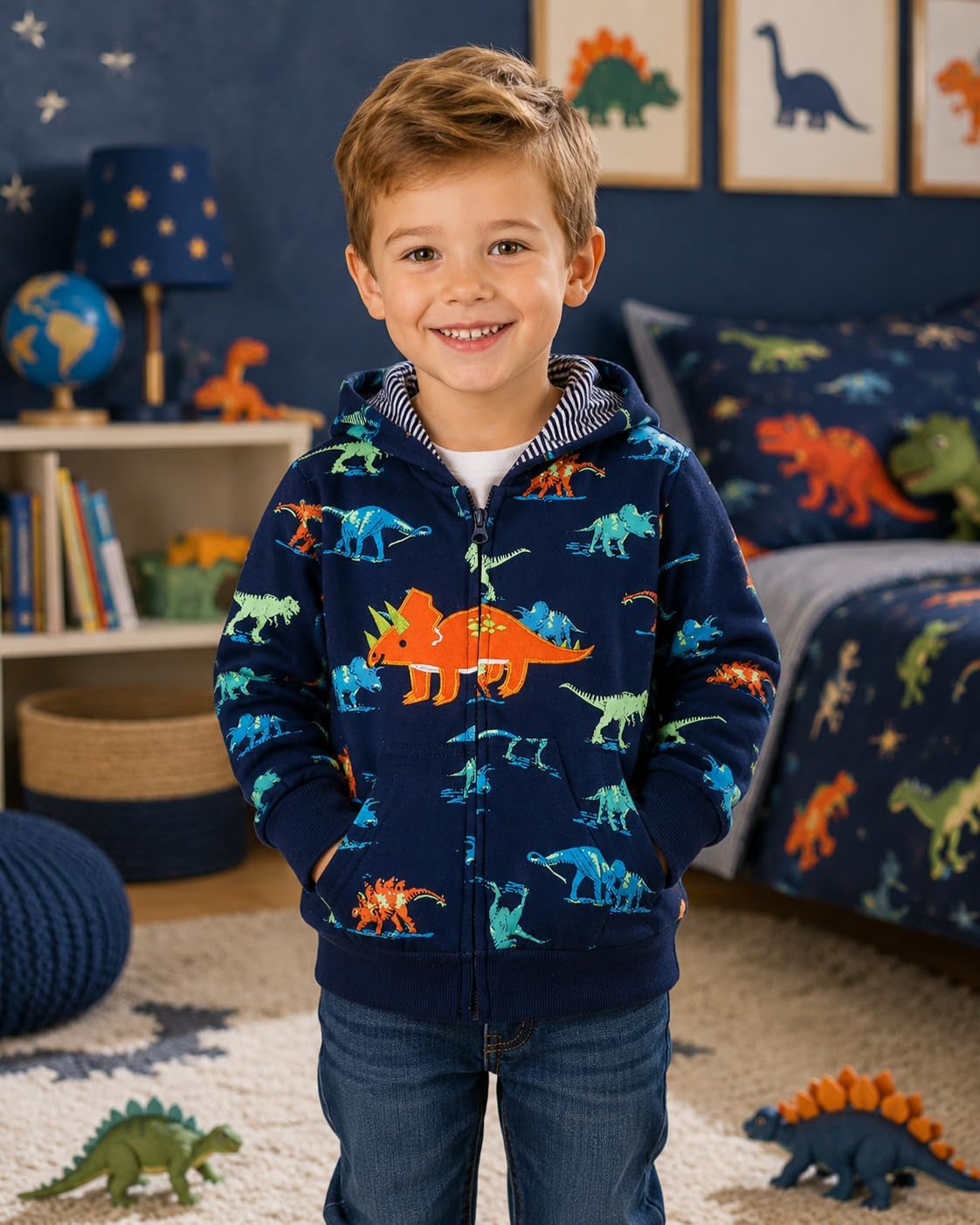 Boys Toddler Cartoon Dinosaur Hoodies Jacket Cool Long Sleeve Zipper Hooded Sport Sweatshirt Coat for Kids 1-7 Years