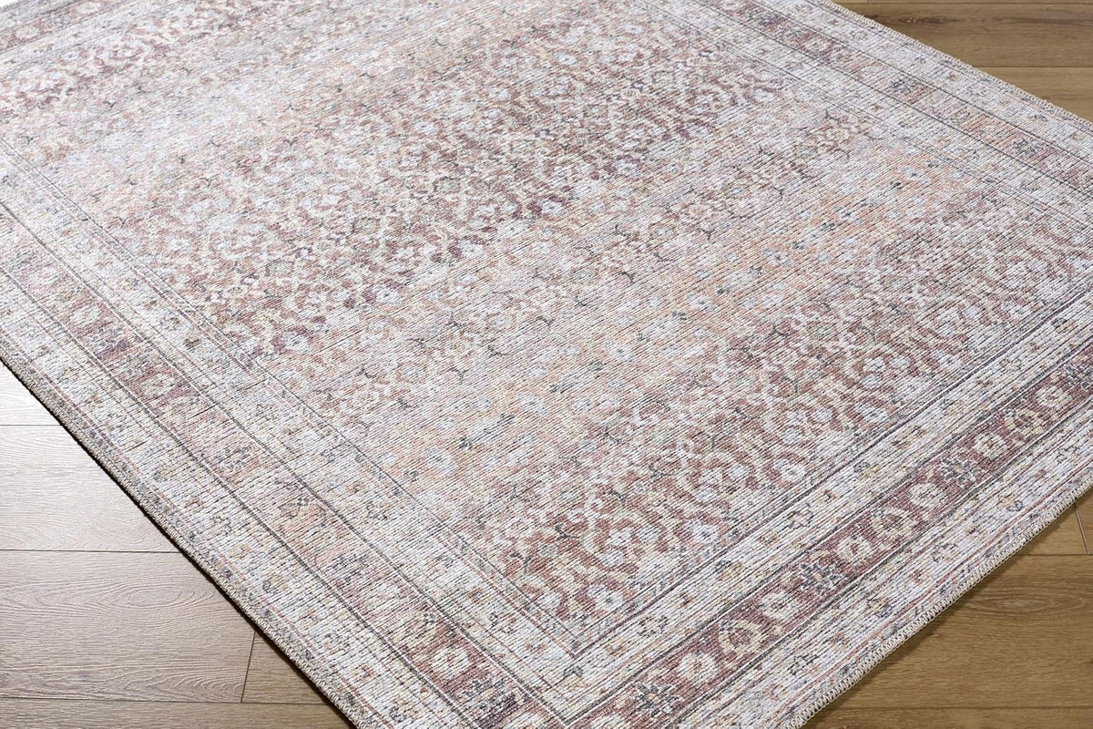 Tosca Machine Washable Runner Rug - Floral Border Distressed Geometric Faded - Traditional Oriental Turkish Transitional Oushak - Dark Red, Beige, Cream, Blush, Gray - 2'7" X 7'10"