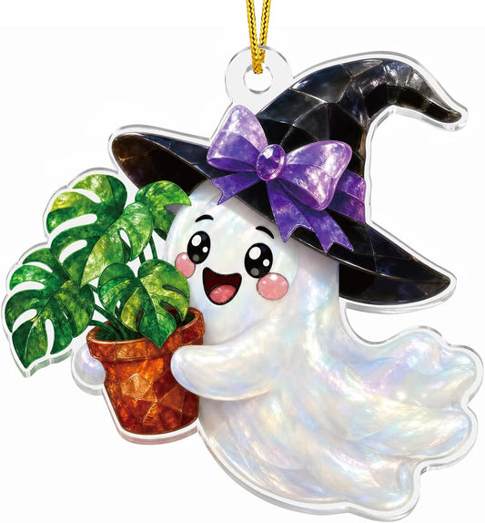 Halloween Ghost Ornament for Tree Decorations - Spooky Cute Ghost Holding Monstera with Witch Hat, Gothic Fall Decor Gifts for Plant Lovers Women, Faux Stained Glass Acrylic Window Suncatcher