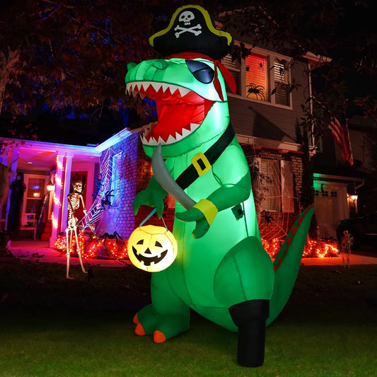 GOOSH 7FT Outdoor Halloween Decorations Halloween Dinosaur Inflatable, Halloween Inflatables Blow up Dinosaur, Green Pirate Dino Halloween Decorations Dinosaur Halloween Inflatable for Holiday/Party