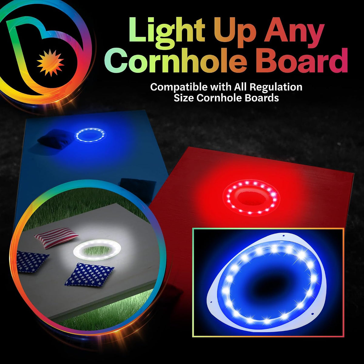 LED Cornhole Board Ring Lights, 2-Pack - 48-Hour Battery Life - Illuminate Your Game with Dazzling Glows and Ultimate Style for Non-Stop Evening Fun and Excitement (Includes Hole Lights Only)