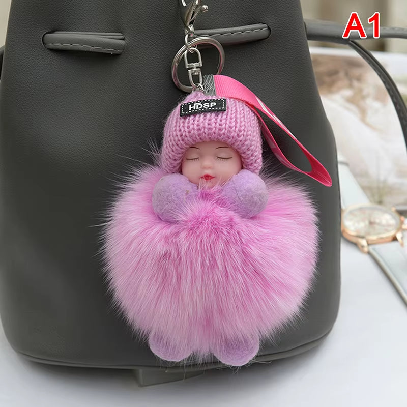 Pompom Sleeping Baby Keychain Cute Fluffy Plush Doll Keyholder Women Girl Bags Keyrings Cars Key Ring Gift Charming Decoration