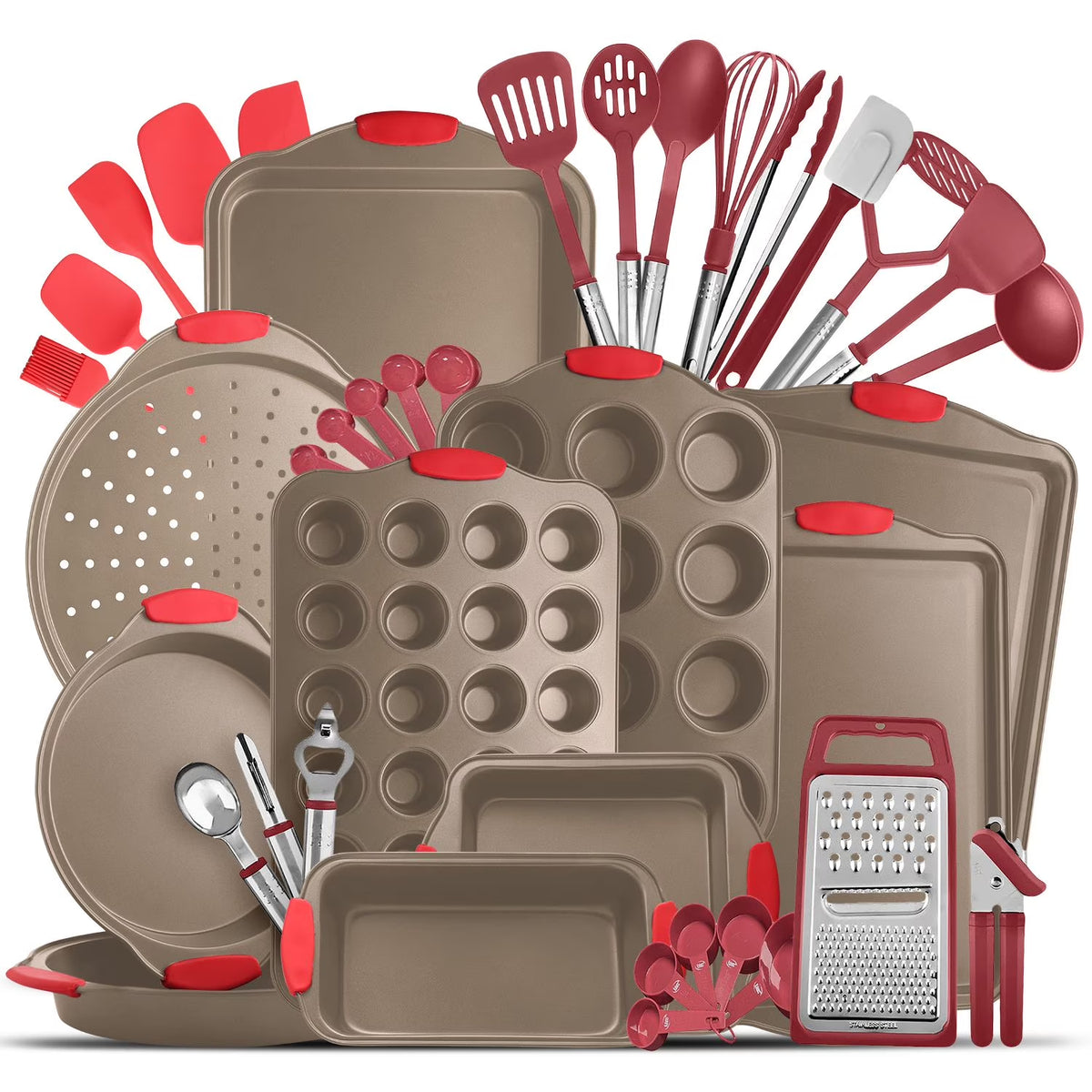 Kitchen Brown Utensil Set 24 Nylon Stainless Steel Utensil Set & Brown 15 Piece Bakeware Set