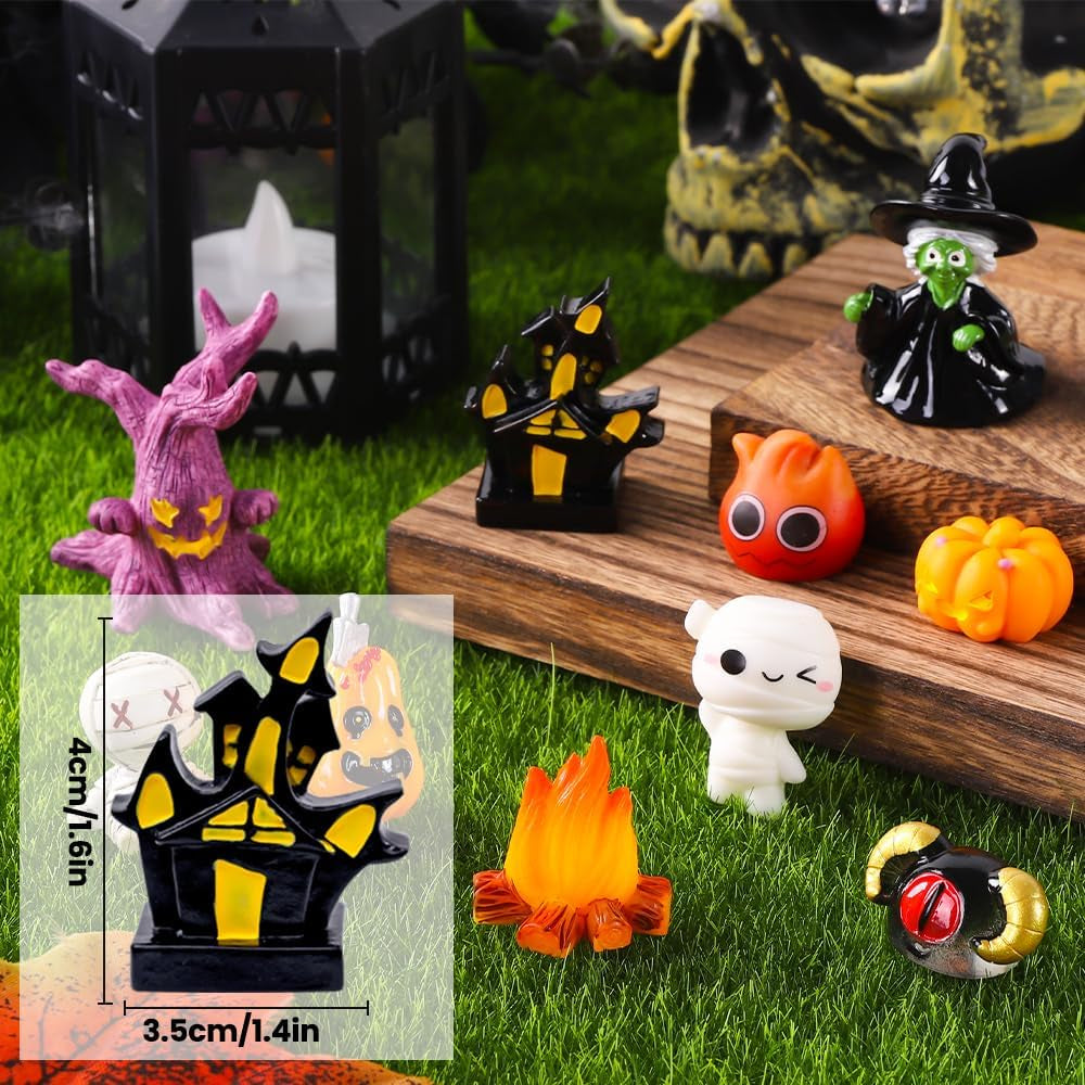50Pcs Halloween Mini Resin Figures 50 Styles Tiny Resin Figurines Little Small Figures to Hide Pumpkin Ghost Skull Miniatures Bulk for Halloween Party Favors Bag Fillers Garden Dollhouse Decor