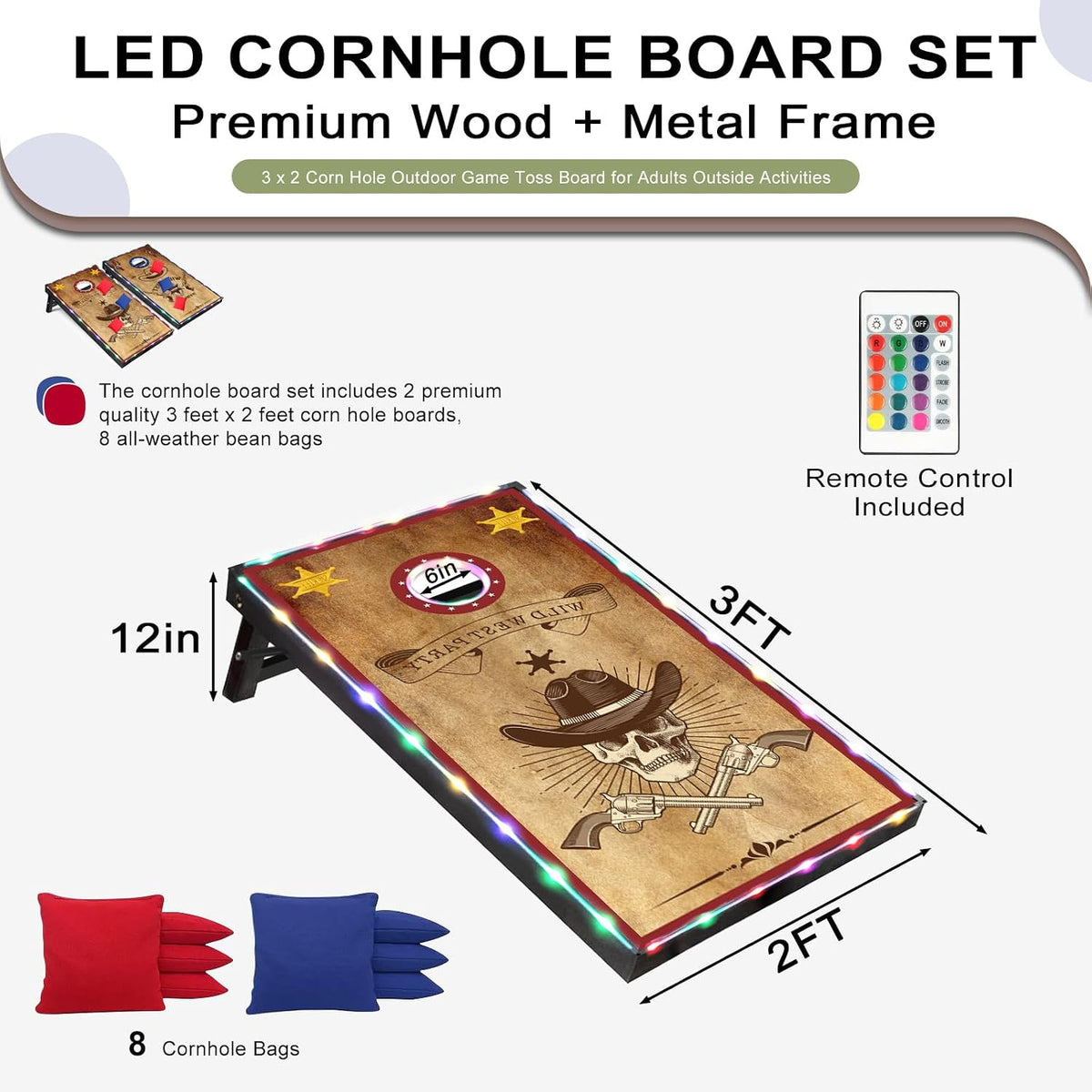 LED Cornhole Set, 3 X 2Ft / 4 X2 Ft Cornhole Board Game Set, Corn Hole Outdoor Game, Multi-Design with Light-Up Border, 8 Bean Bags, Carrying Case for Backyard, Beach, Lawn