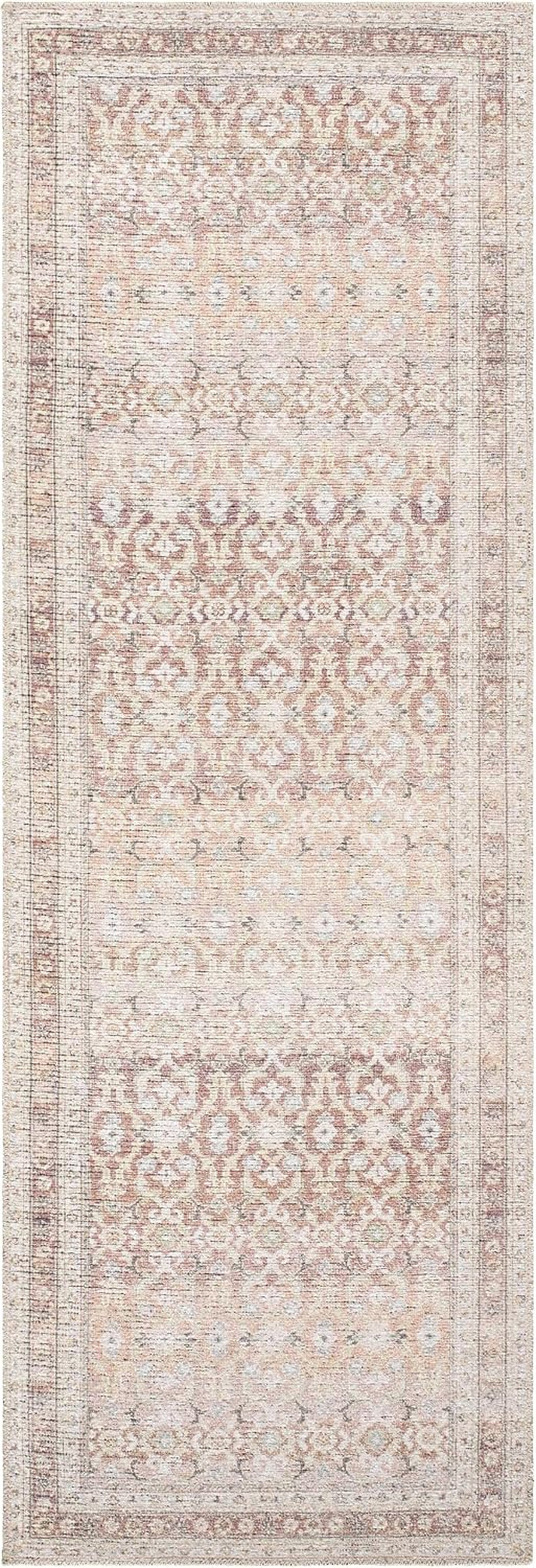 Tosca Machine Washable Runner Rug - Floral Border Distressed Geometric Faded - Traditional Oriental Turkish Transitional Oushak - Dark Red, Beige, Cream, Blush, Gray - 2'7" X 7'10"