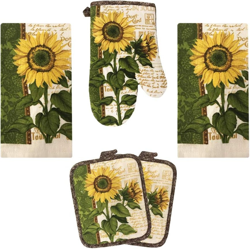 Kitchen Towel 5 Piece Linen Set 2 Towels 2 Pot Holders 1 Oven Mitt (Sunflower 2)