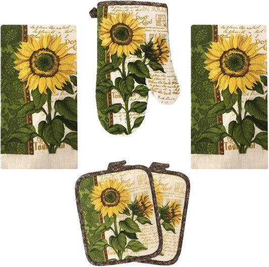 Kitchen Towel 5 Piece Linen Set 2 Towels 2 Pot Holders 1 Oven Mitt (Sunflower 2)