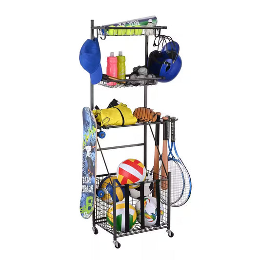 4-Tier Rolling Sports Storage Rack Sports Equipment Organizer