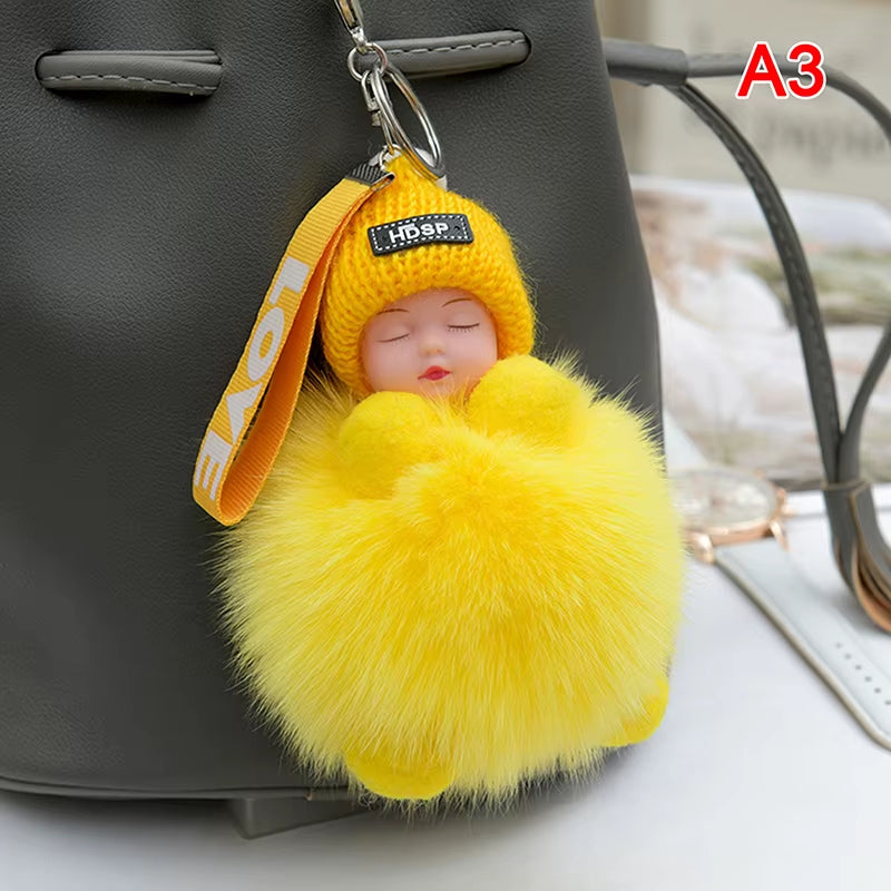 Pompom Sleeping Baby Keychain Cute Fluffy Plush Doll Keyholder Women Girl Bags Keyrings Cars Key Ring Gift Charming Decoration