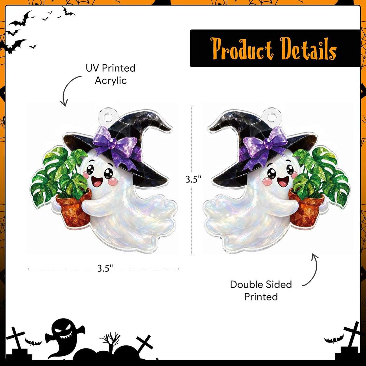 Halloween Ghost Ornament for Tree Decorations - Spooky Cute Ghost Holding Monstera with Witch Hat, Gothic Fall Decor Gifts for Plant Lovers Women, Faux Stained Glass Acrylic Window Suncatcher