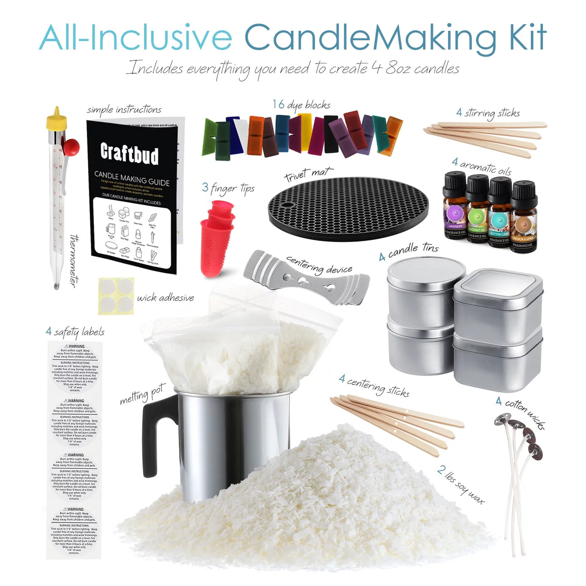 Craftbud Complete Soy Wax Candle Making Kit for Adults and Kids with 2LB Candle Wax for Candle Making Supplies