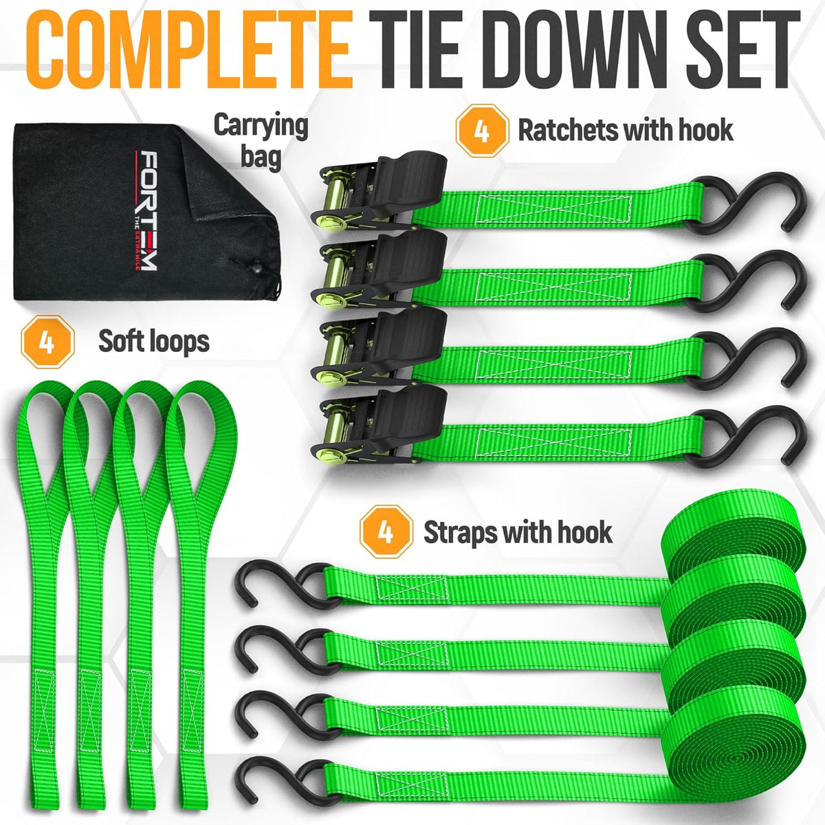 Ratchet Straps - Tie down Strap Set, 4 Pack, 1650Lb Break Strength