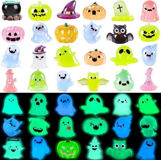 32PCS Halloween Luminous Mini Figures - 32 Styles Glow in the Dark Tiny Resin Miniatures - Pumpkin Skull for Party Favors, Bag Fillers, Garden, Dollhouse Decor