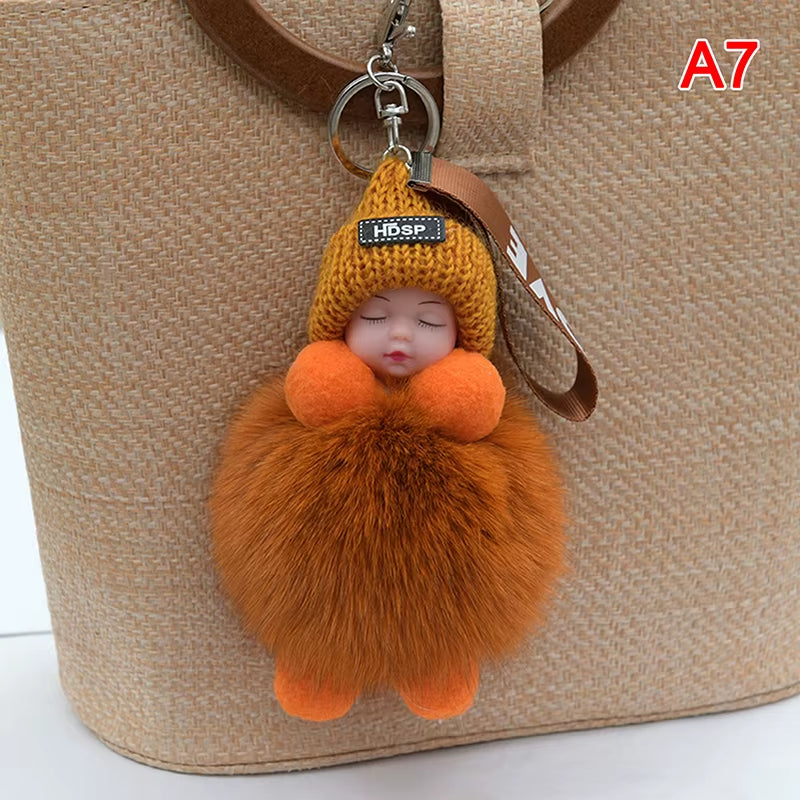 Pompom Sleeping Baby Keychain Cute Fluffy Plush Doll Keyholder Women Girl Bags Keyrings Cars Key Ring Gift Charming Decoration