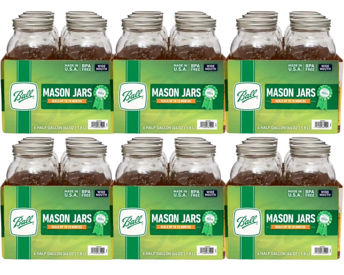 Wide Mouth Glass Mason Jars with Lids and Bands, Used for Canning, Pickling, Juice, Jam, Jelly, Half Gallon Size 64 Ounce (Pack of 36)