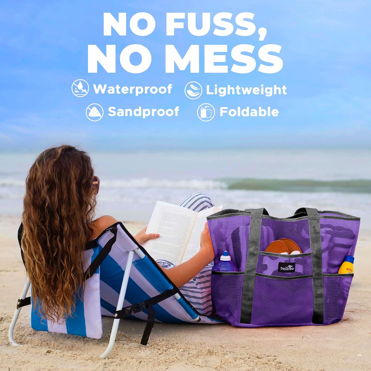 Mesh Beach Bag for Women, Large Sand Free Tote, 8 Pockets, Foldable 17X9X15 In, Pool Beach Vacation