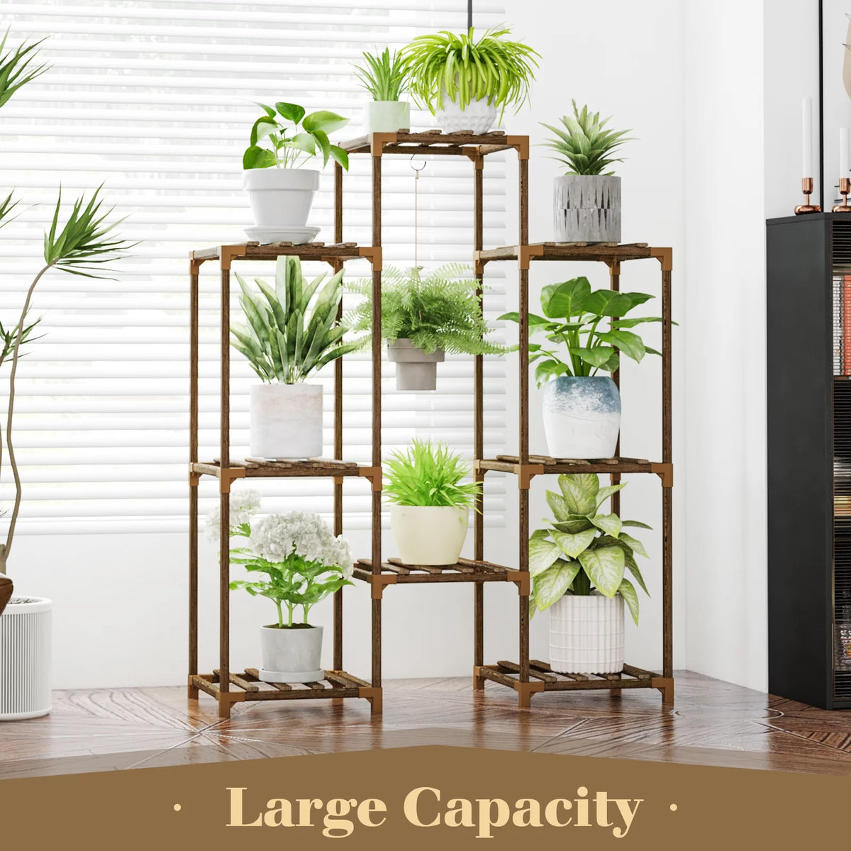 Bamworld Wood Plant Stand 8 Pots Tiered Plant Shelf Indoor Outdoor Ladder Plant Rack with Hanging Design for Living Room Patio Balcony Garden