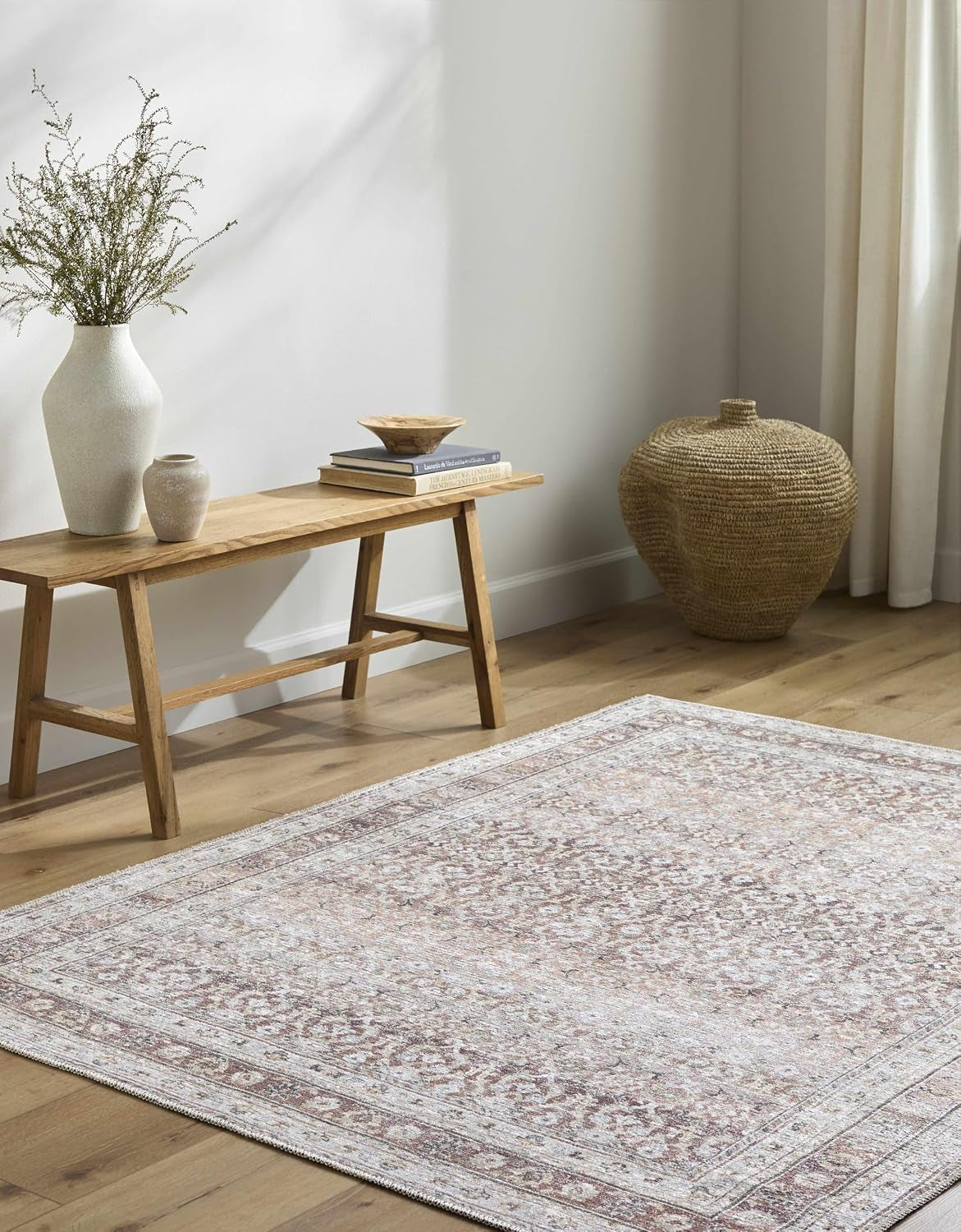 Tosca Machine Washable Runner Rug - Floral Border Distressed Geometric Faded - Traditional Oriental Turkish Transitional Oushak - Dark Red, Beige, Cream, Blush, Gray - 2'7" X 7'10"