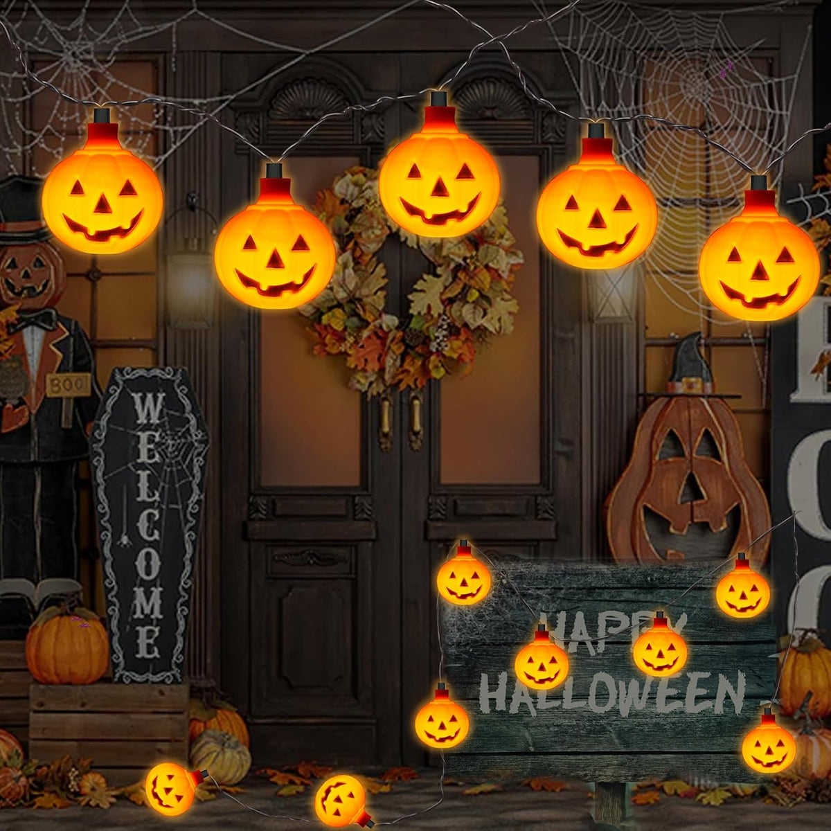 Halloween Pumpkin String Lights, 8.5 Ft LED with 10 Jack O Lantern Lights - Waterproof, Plug-In for Indoor Outdoor Party, Garden, Yard Decoration