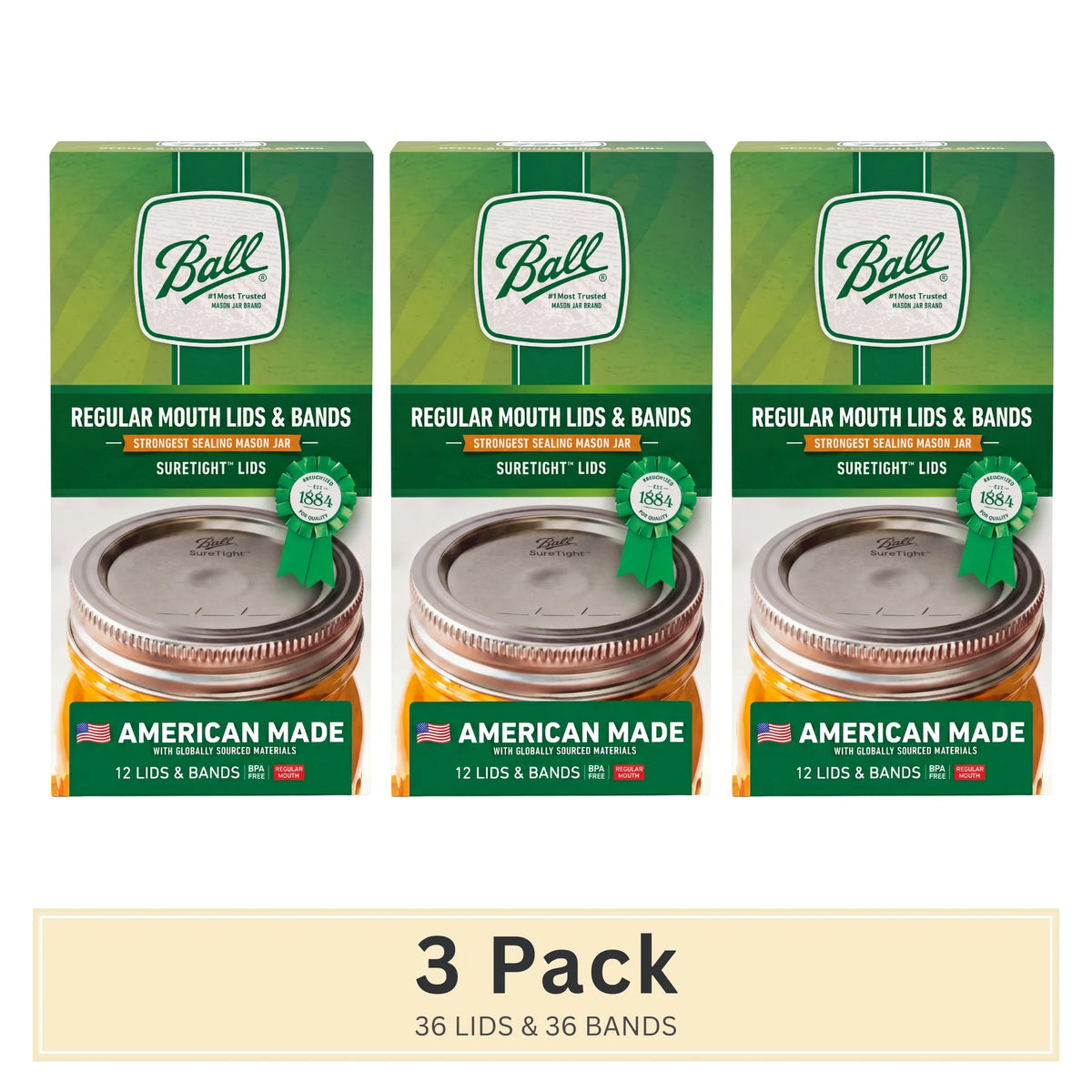 (3 Pack)  Regular Mouth Jar Lids and Bands, 12 Count