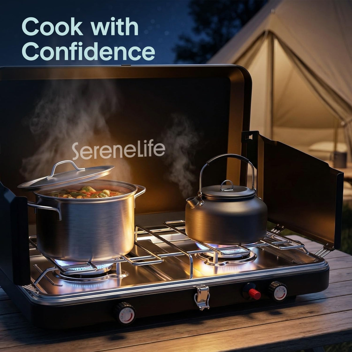 Camping Stove 2 Burner Propane Portable Camp Stove 24,400 BTU with Wind Guards Adjustable Burners Push Button Ignition Compact Outdoor Cooking for Camping Tailgating and Backyard
