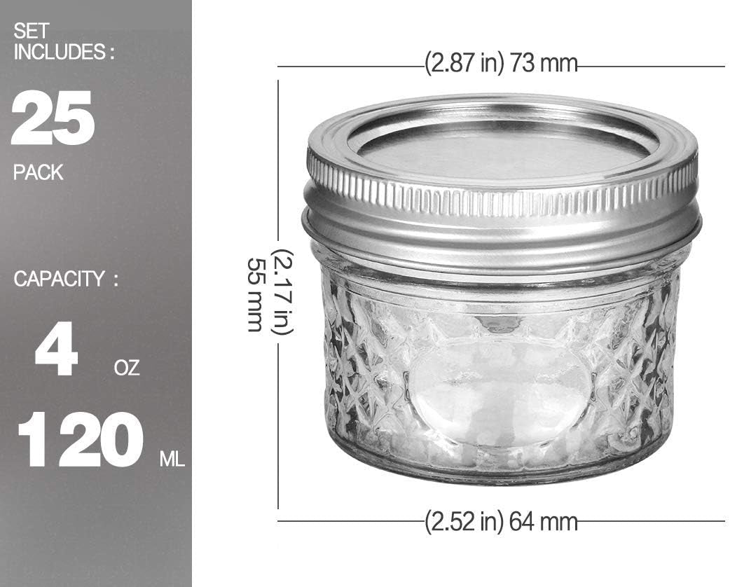25 PACK Mini Mason Jars, 4 OZ Canning Mason Jars with Regular Lids