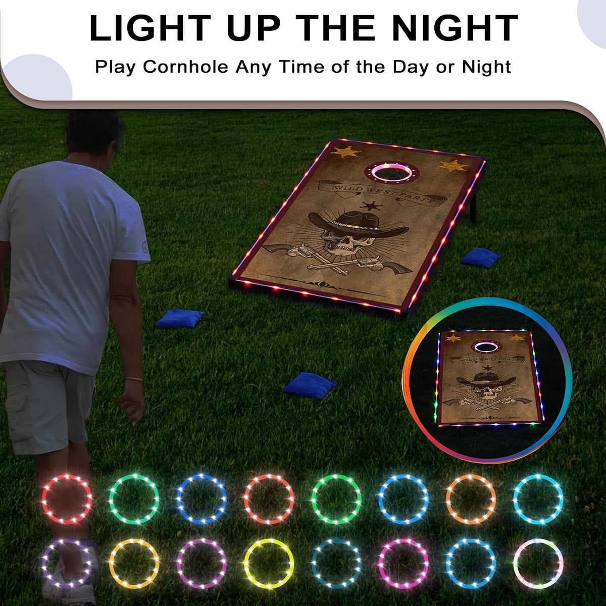 LED Cornhole Set, 3 X 2Ft / 4 X2 Ft Cornhole Board Game Set, Corn Hole Outdoor Game, Multi-Design with Light-Up Border, 8 Bean Bags, Carrying Case for Backyard, Beach, Lawn