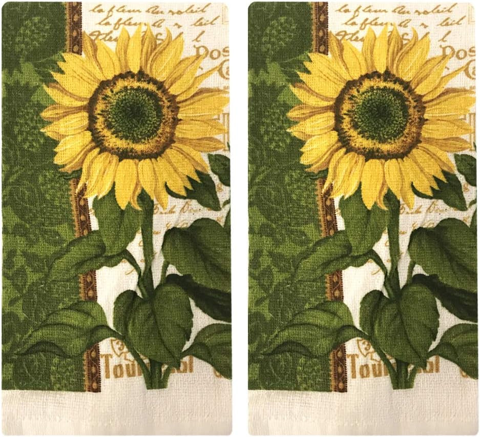 Kitchen Towel 5 Piece Linen Set 2 Towels 2 Pot Holders 1 Oven Mitt (Sunflower 2)