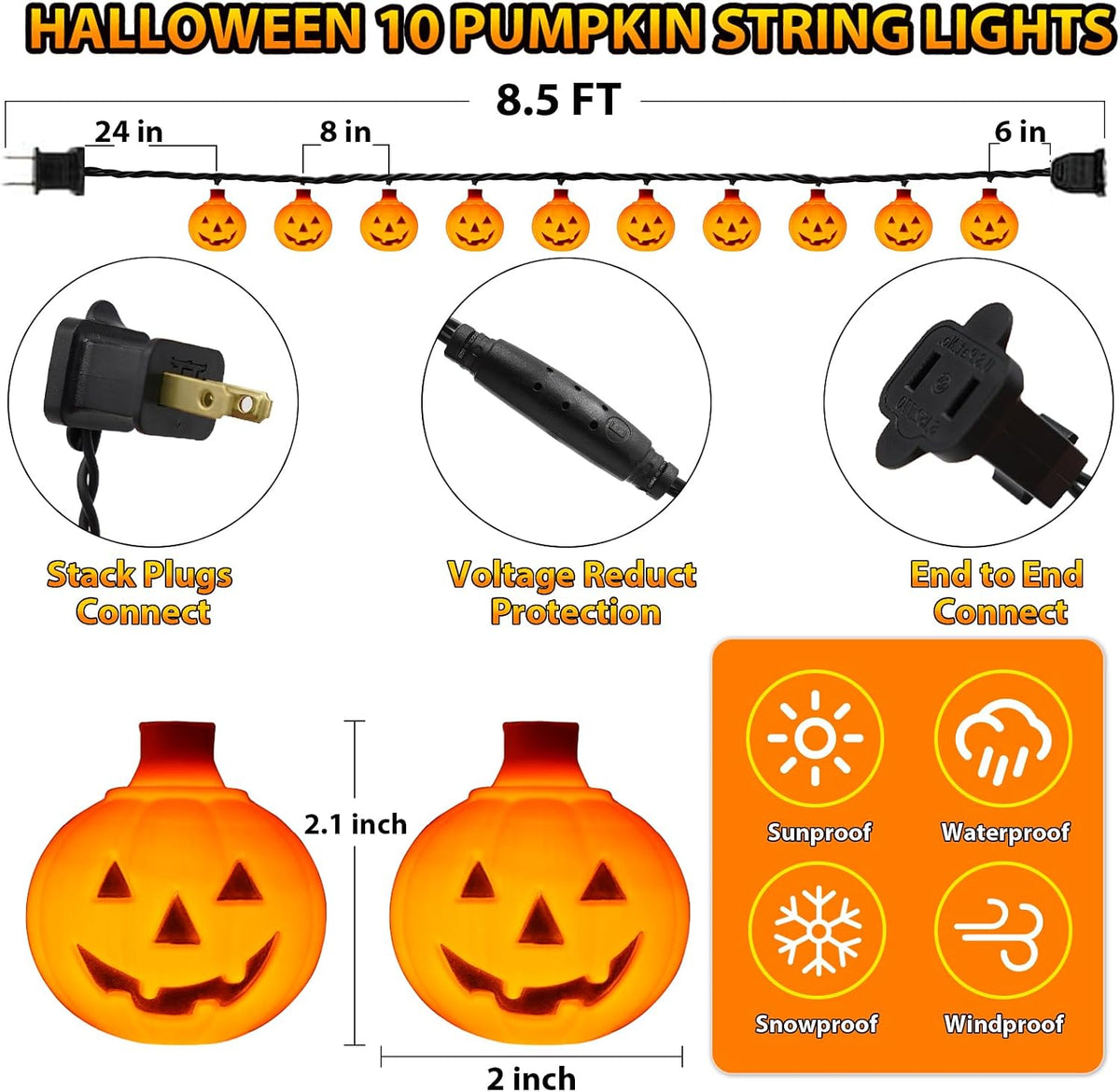 Halloween Pumpkin String Lights, 8.5 Ft LED with 10 Jack O Lantern Lights - Waterproof, Plug-In for Indoor Outdoor Party, Garden, Yard Decoration