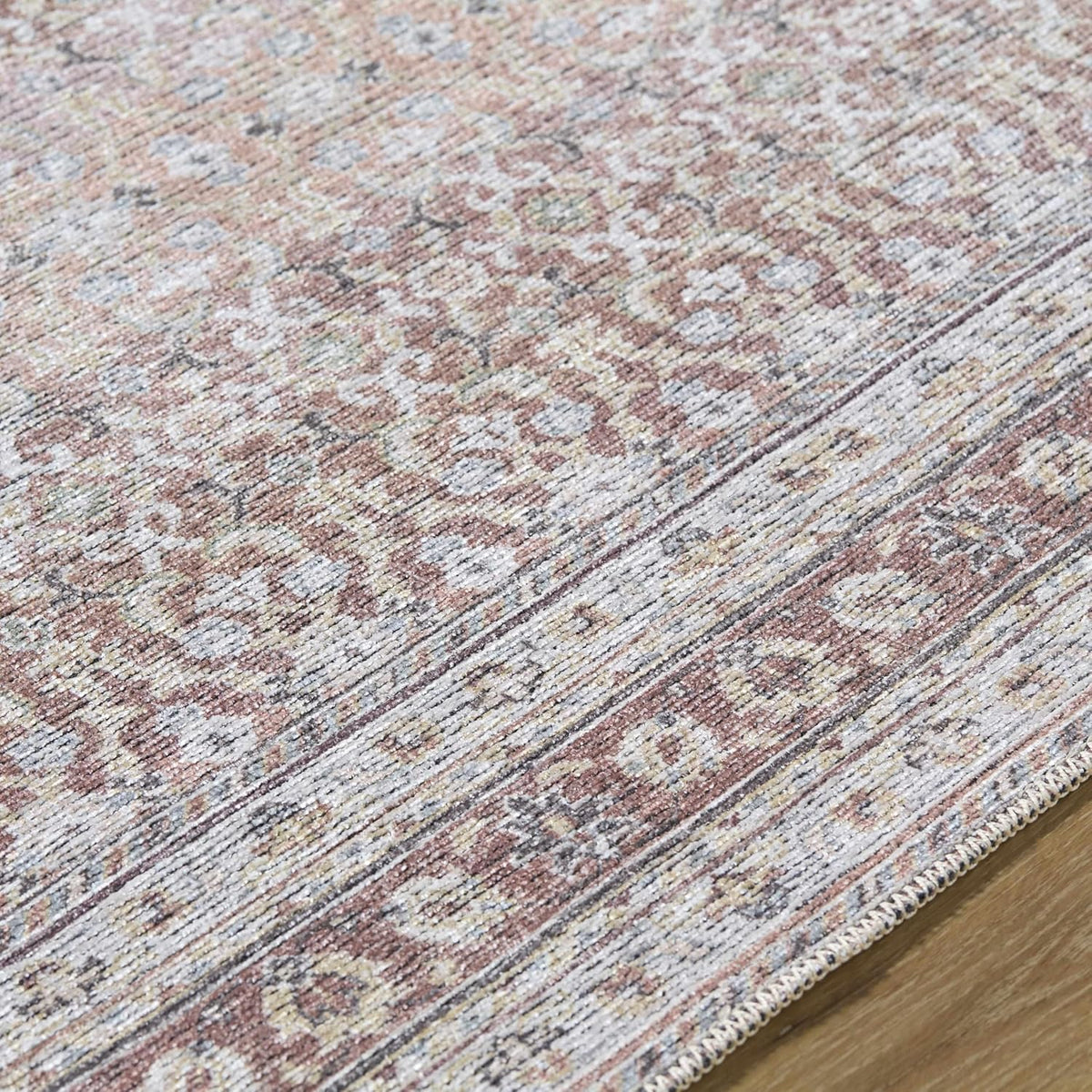Tosca Machine Washable Runner Rug - Floral Border Distressed Geometric Faded - Traditional Oriental Turkish Transitional Oushak - Dark Red, Beige, Cream, Blush, Gray - 2'7" X 7'10"