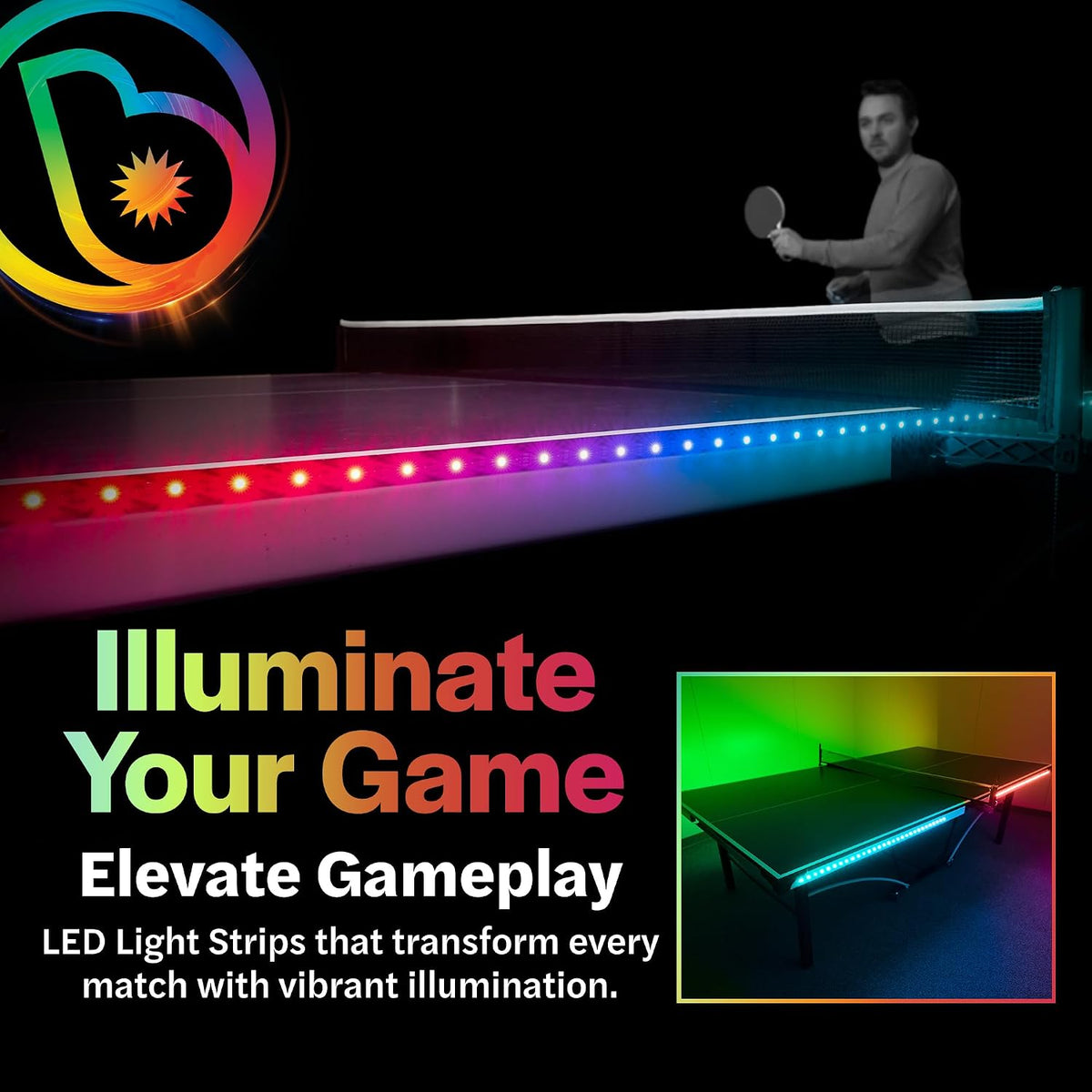 LED Ping Pong Table Light - Electrify Your Gameplay Experience! 12-Foot Light Strip for Ping Pong Tables - Color Changing or Solid Color Modes (Table Not Included)