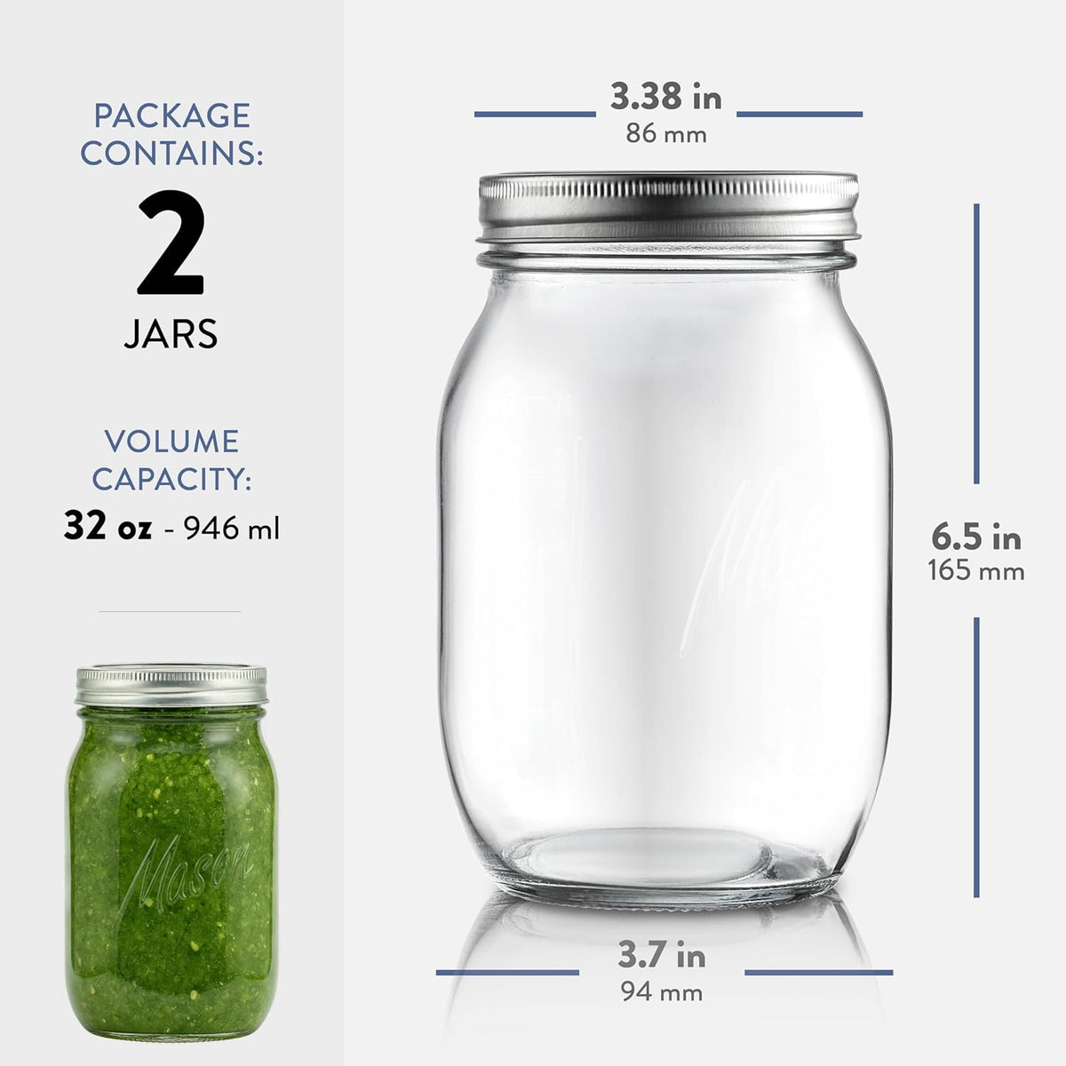 Wide Mouth Mason Jars 32 Oz, Mason Jars with Lids, 2-Pack