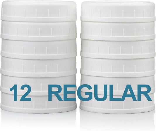 12 Pack REGULAR MOUTH Mason Jar Lids for Compatible with Ball, Kerr Regualr Mouth Jars - Plastic Storage Caps for Mason Jars, Canning Jars - Leakproof, Dishwasher Safe & Food Grade - White