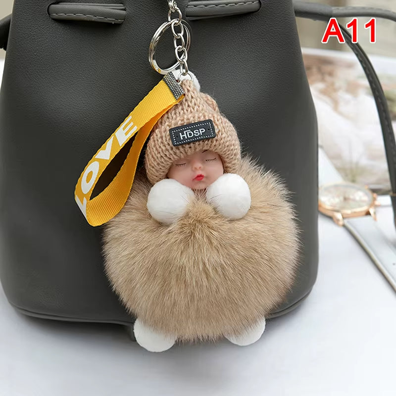 Pompom Sleeping Baby Keychain Cute Fluffy Plush Doll Keyholder Women Girl Bags Keyrings Cars Key Ring Gift Charming Decoration