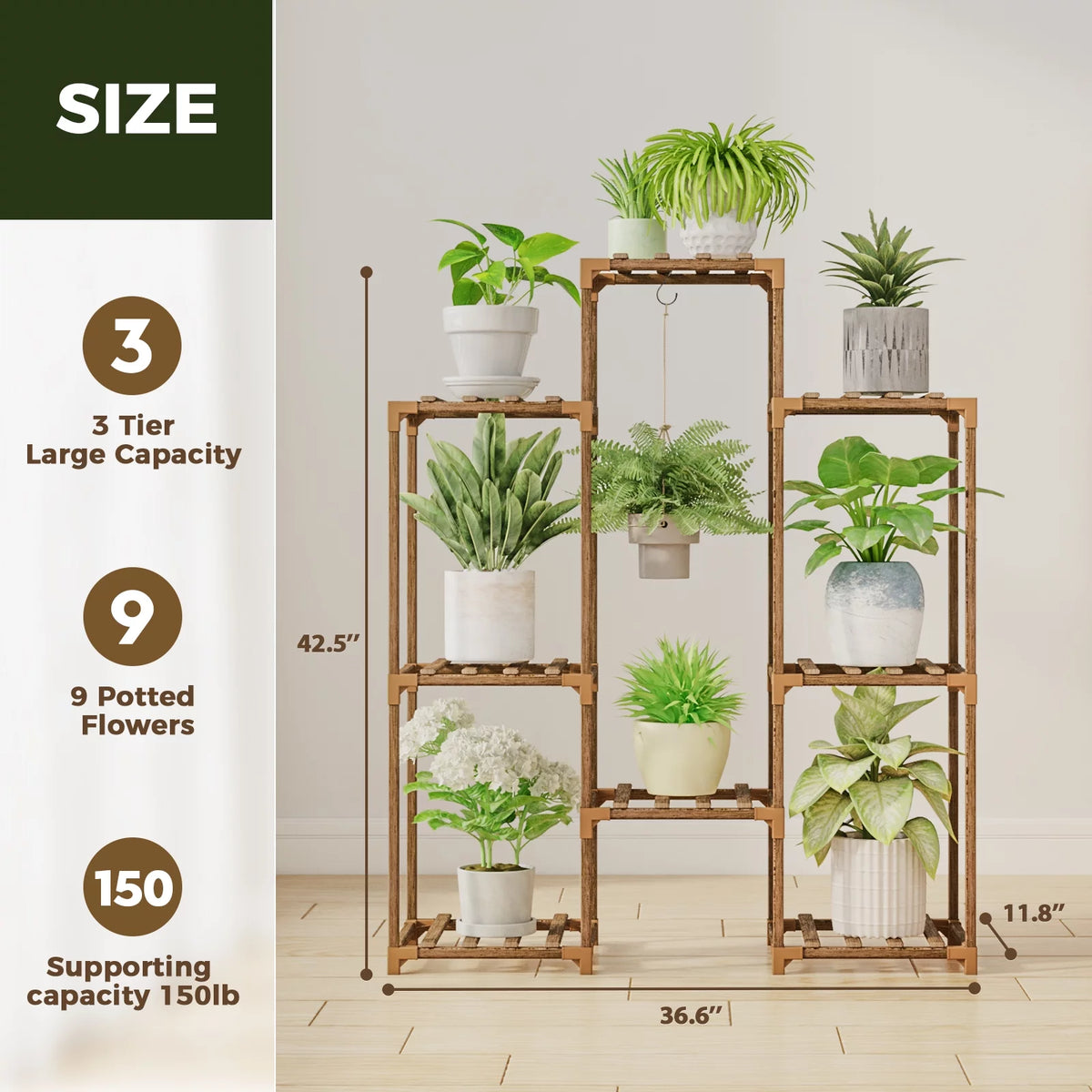 Bamworld Wood Plant Stand 8 Pots Tiered Plant Shelf Indoor Outdoor Ladder Plant Rack with Hanging Design for Living Room Patio Balcony Garden