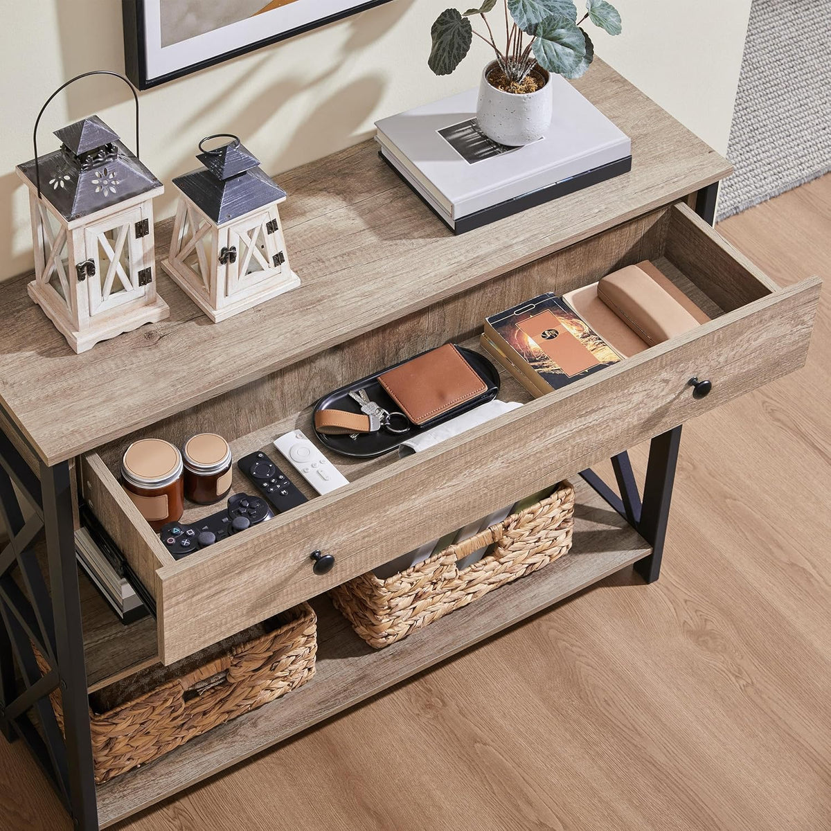 Yaheetech Console Table with Drawer, Entry Table with 3 Tier Storage, Gray