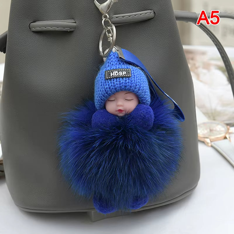 Pompom Sleeping Baby Keychain Cute Fluffy Plush Doll Keyholder Women Girl Bags Keyrings Cars Key Ring Gift Charming Decoration