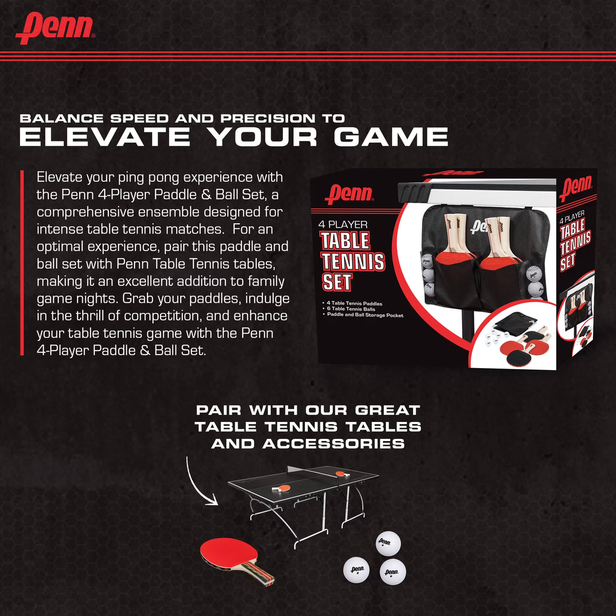 Penn Table Tennis Accessory Set - 4 Ping Pong Paddles, 6 Balls and Storage Pocket
