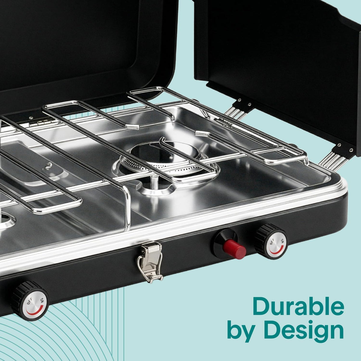 Camping Stove 2 Burner Propane Portable Camp Stove 24,400 BTU with Wind Guards Adjustable Burners Push Button Ignition Compact Outdoor Cooking for Camping Tailgating and Backyard